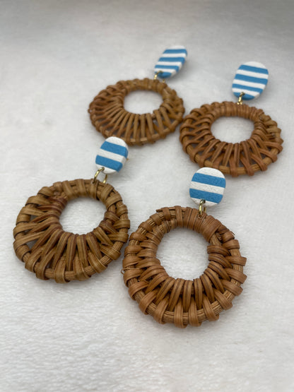 Blue and white striped rattan dangles