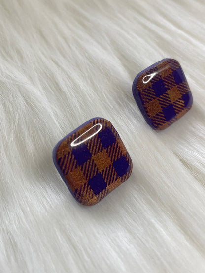 Purple and Orange Gingham Square Studs