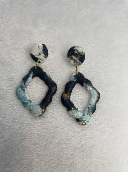 Black, White, Blue, & Gold Scalloped Diamond Marble Dangles