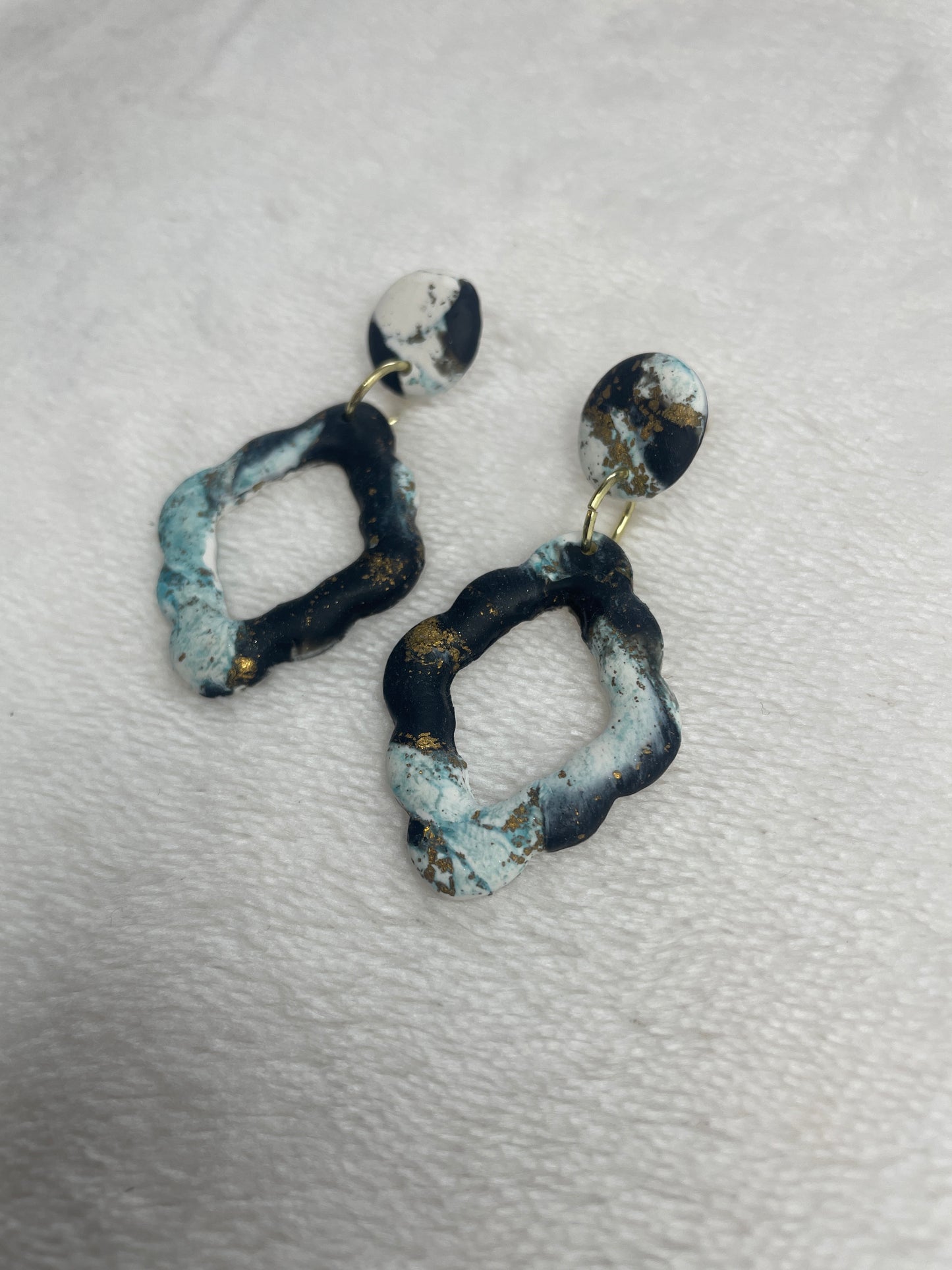 Black, White, Blue, & Gold Scalloped Diamond Marble Dangles