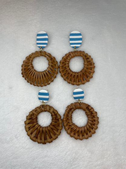 Blue and white striped rattan dangles