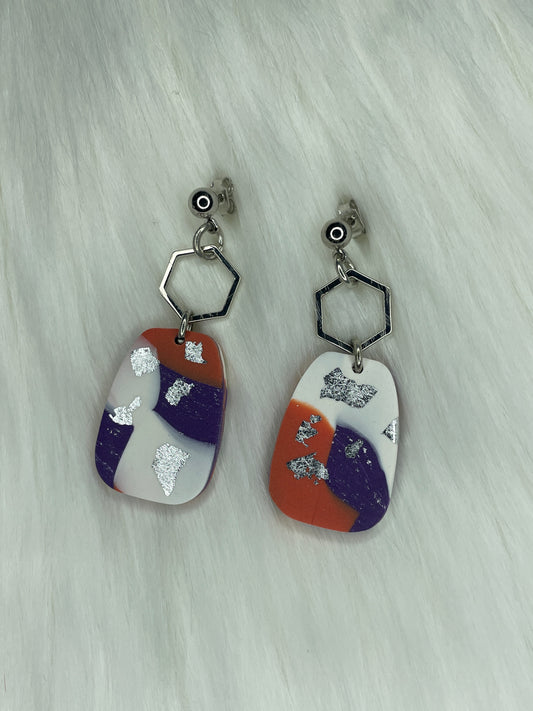 Orange, purple, and white patchwork dangles