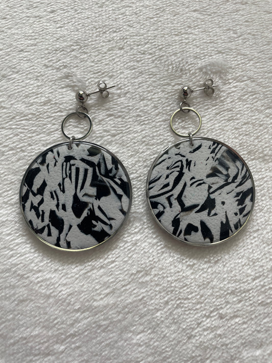 Black and white marble round oversized dangles