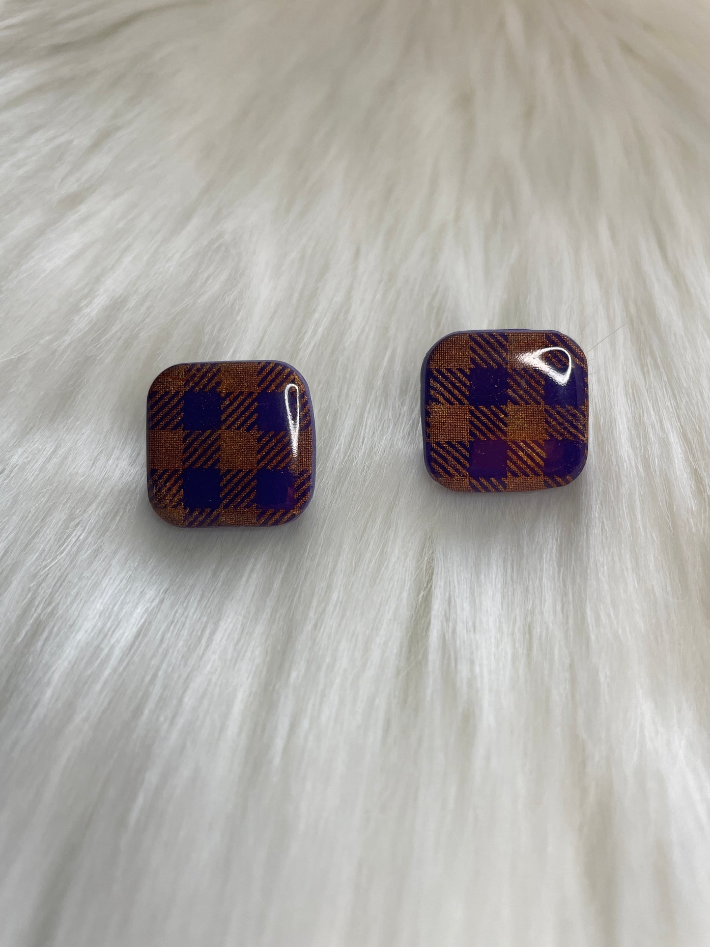 Purple and Orange Gingham Square Studs