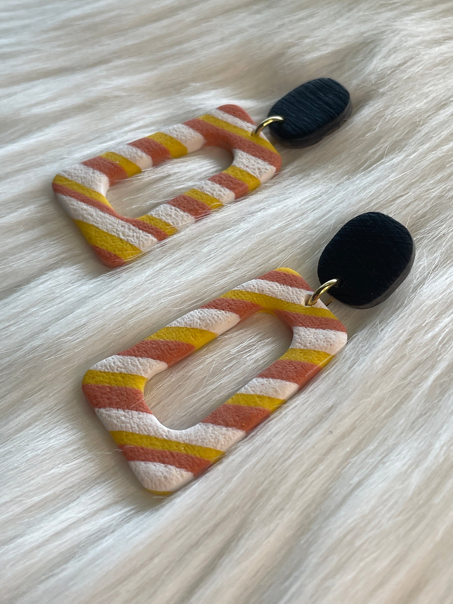 Orange, white, and yellow striped rectangle dangle earrings | Halloween earrings