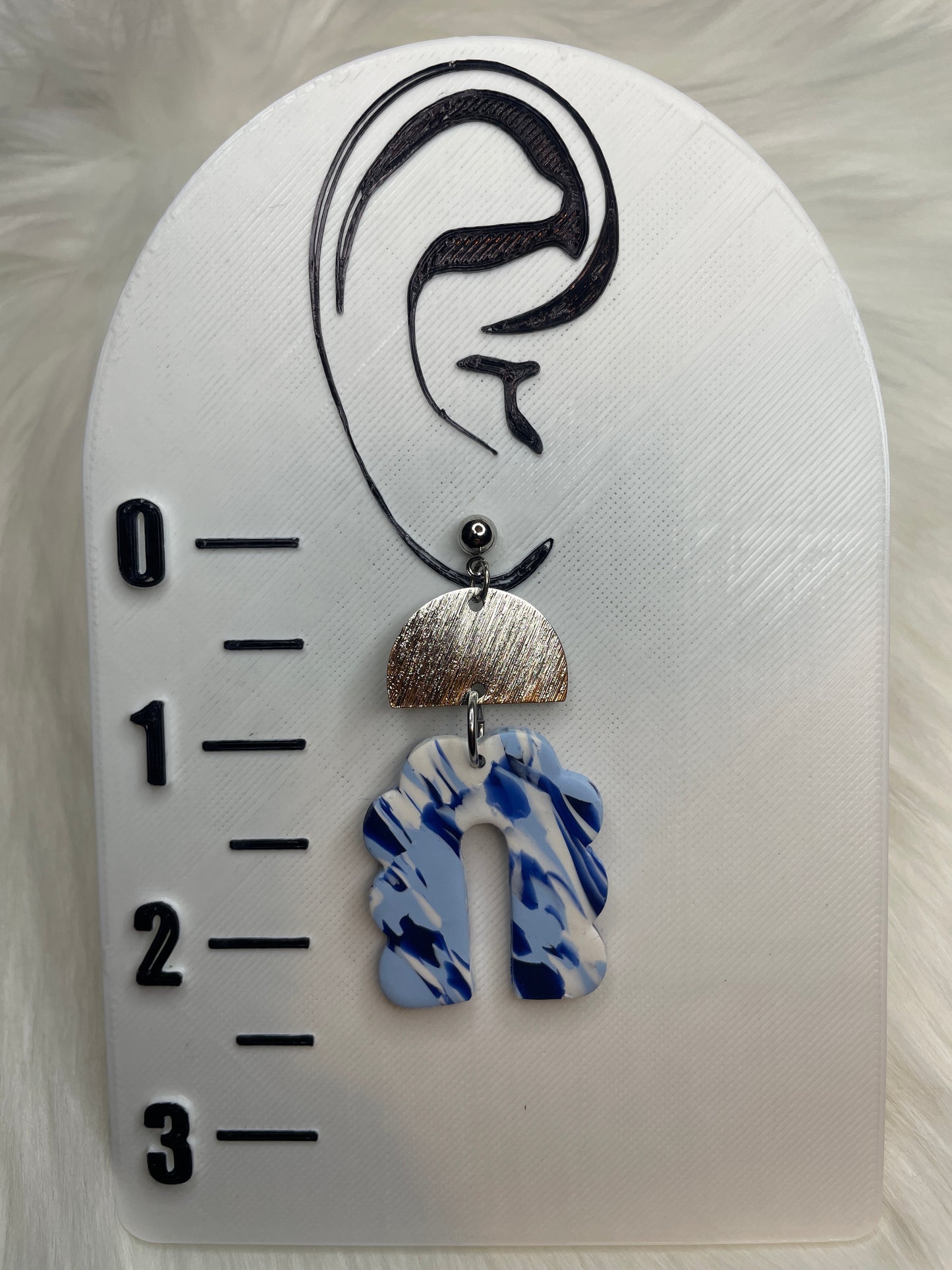 White, Light Blue, & Navy Striped Scalloped U Shaped Dangles