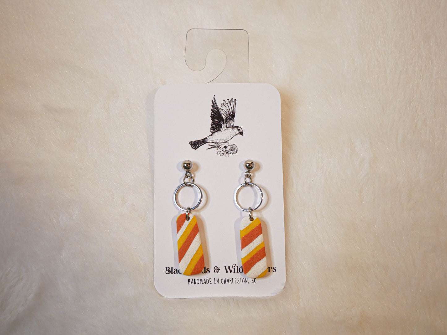 Orange, white, & yellow striped dangle earrings | Halloween earrings