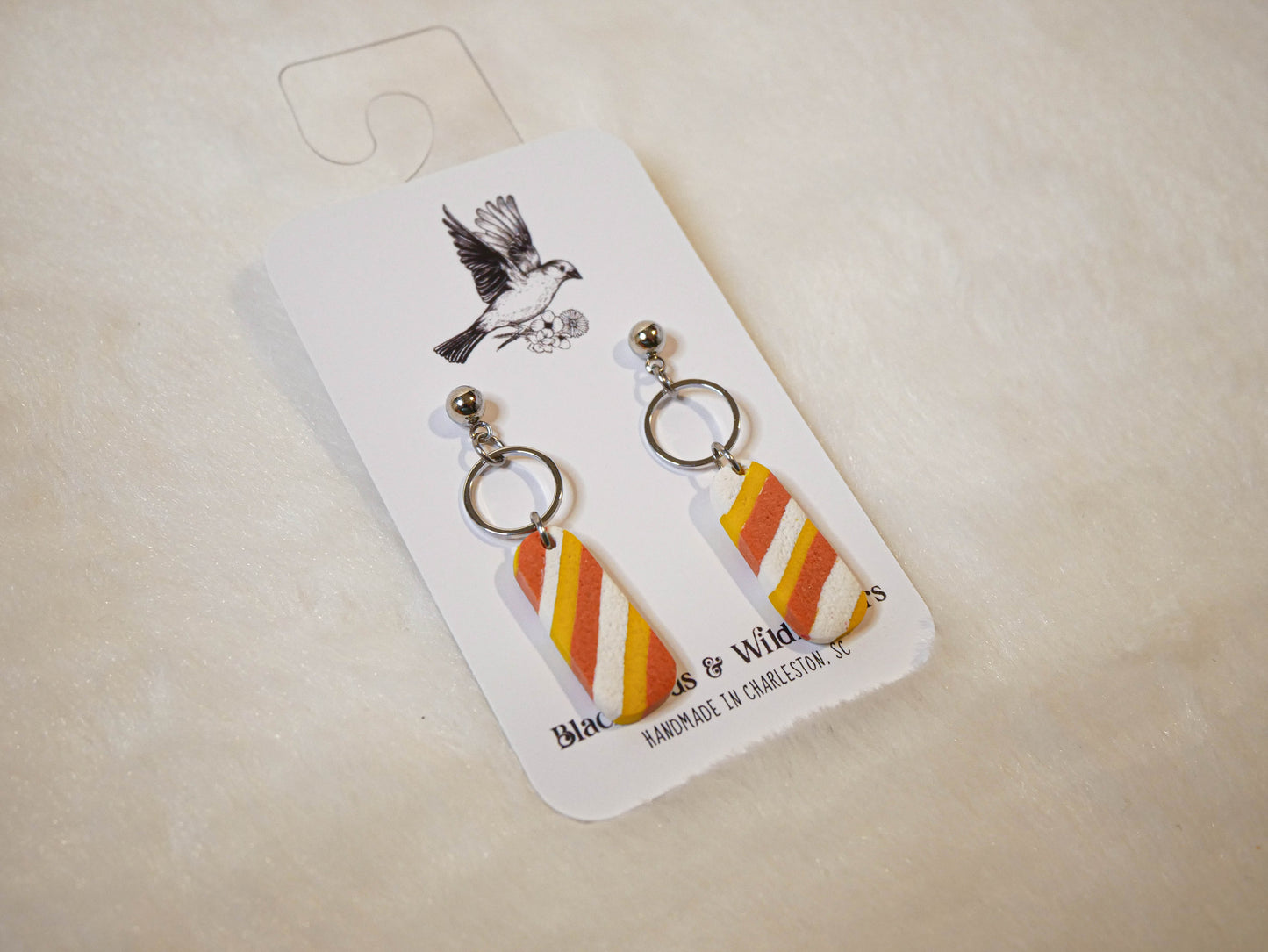 Orange, white, & yellow striped dangle earrings | Halloween earrings